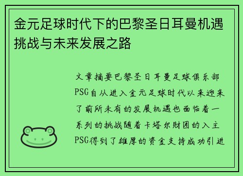 金元足球时代下的巴黎圣日耳曼机遇挑战与未来发展之路